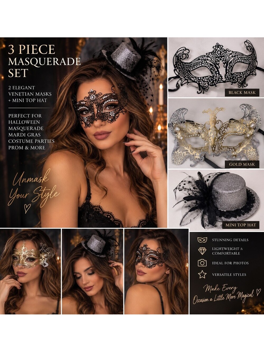 Masquerade Mask Set with Mini Hat